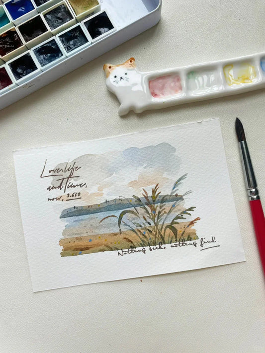 Watercolor tutorial image featuring a moody landscape with cloudy skies, distant hills, and foreground grass details with handwritten quotes.