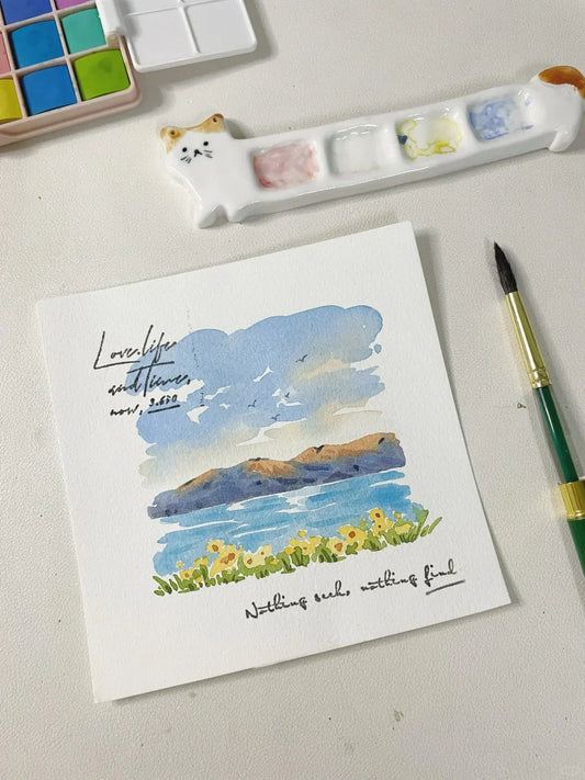 Watercolor landscape tutorial featuring a coastal scene with calm blue waters, distant hills, flower fields, and handwritten quotes