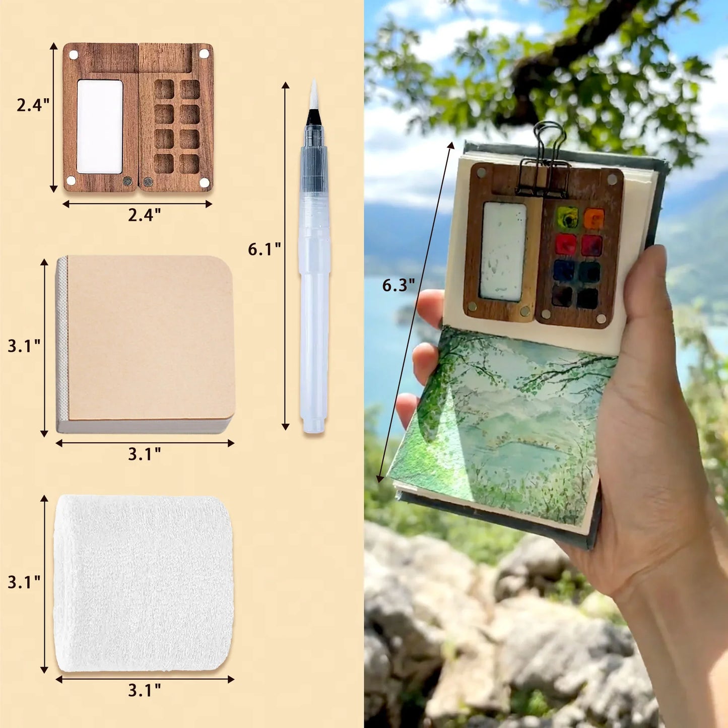 Featuring a walnut wood palette, cotton paper notebook, waterbrush, 12 watercolor refills, art clip, absorbent wristband, washi tape, and a soft storage pouch—this portable watercolor painting kit is neatly displayed on a beige background.