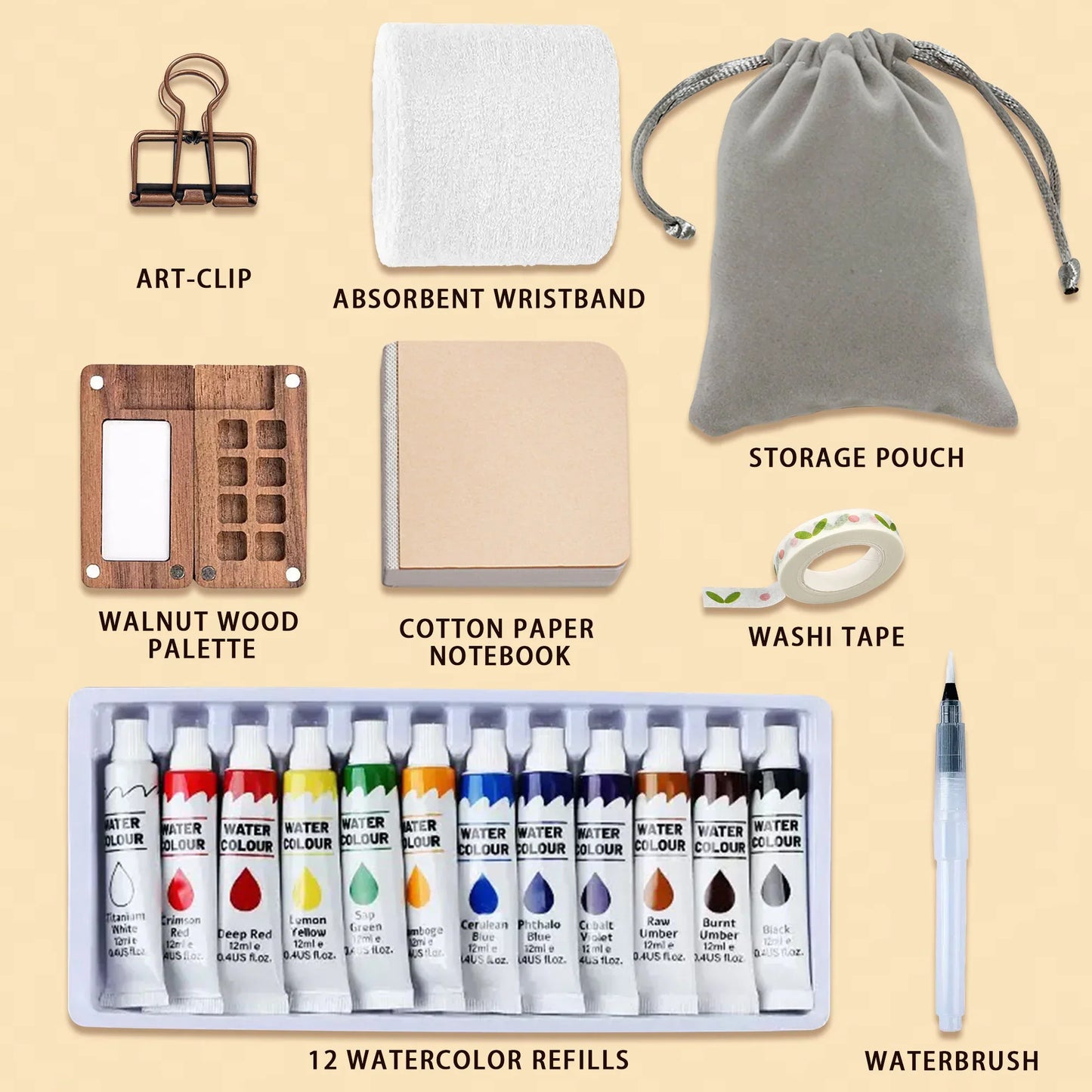 Portable watercolor painting kit components including walnut wood palette, cotton paper notebook, waterbrush, 12 watercolor refills, art clip, absorbent wristband, washi tape, and soft storage pouch arranged on a beige background.